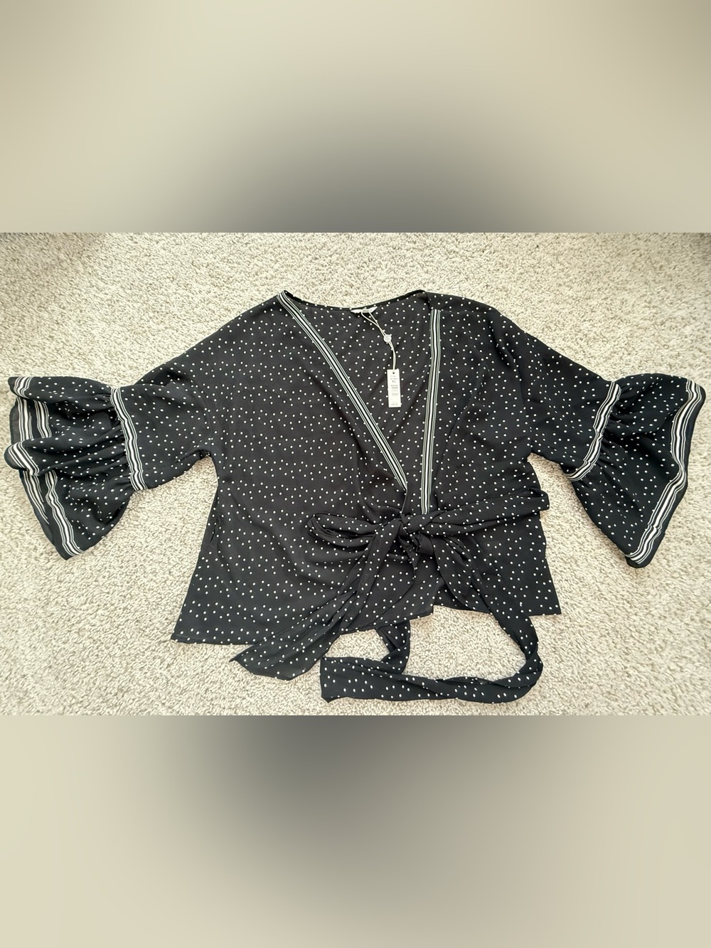 Max Studio Black White Polka Dot Wrap Tie Blouse Bell Sleeve NWT Size XL